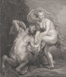 Deianeira receiving the poisoned tunic from Nessus, and the wounded centaur falling