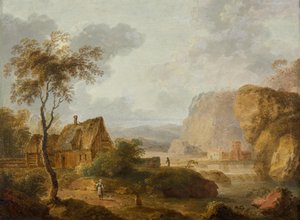 Mountain Landscape with River and Farmhouse