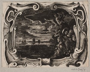 Emblem with satyrs gathered by a tree at night by Christian Rothgiesser
