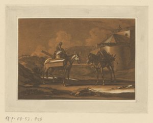 Two Packed Horses Outside City Wall, One with a Child Seated (Riders, Horses, and Battles)