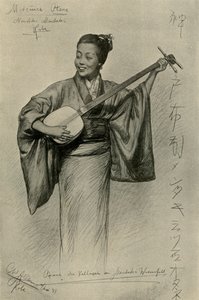 Woman playing the shamisen, Mentaki Falls, Kobe, Japan, 1898