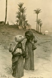Women carrying water pots on the banks of the Nile, Cairo, Egypt