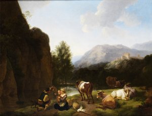 Resting Family Next to Cows by a River by Christian Wilhelm Ernst Dietrich