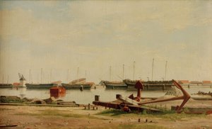 View of Nyholm with Crane and Warships by Christoffer Wilhelm Eckersberg