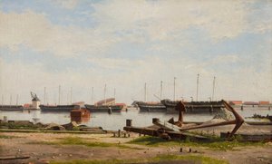 Part of Nyholm with Crane and Some Warships by Christoffer Wilhelm Eckersberg