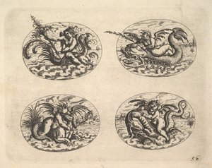 Four Ovals with Genii, Plates from the Neue Grotessken Buch, 1610 by Christoph Jamnitzer
