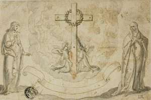Virgin Mary and St. John the Evangelist Beholding a Vision of the Cross Held by Two Angels