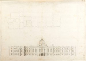 Hampton Court Palace, Part-plan and sketch elevation for an entrance façade, probably for 2nd scheme, numbered 5 & 6 by Christopher Wren