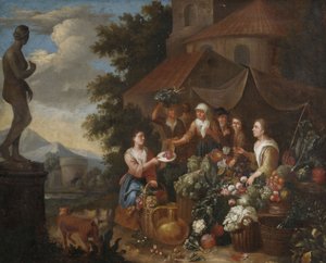 Selling Vegetables and Flowers at an Italian Market Stall by Circle of Norbert van Bloemen