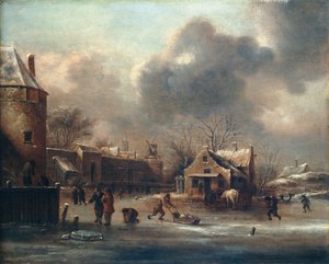 Skating Scene: Figures On The Ice Near The Walls Of A Town by Claes (1630 76) Molenaer