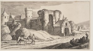 A Peasant with a Horse on a Road Near City Walls, from Landscapes (Playsante Lantschappen) by Claes Jansz. Visscher II