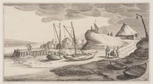 Boats Ashore Near a Watch-Tower, from Landscapes (Pleasant Landscapes)