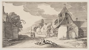Three Peasants Resting at a Crossroad in a Village, from Landscapes