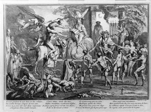 Sabbath Ceremony, Demons, Witches and Monstrous Creatures Dancing. Engraving by Gillet by Claude Gillot