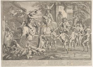 Witches Sabbath, within a nocturnal landscape, a necromancer seated at top center by Claude Gillot