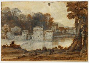 Shepherd beside a lake near a fortified mill