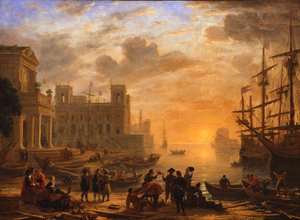 A harbour landscape at sunset