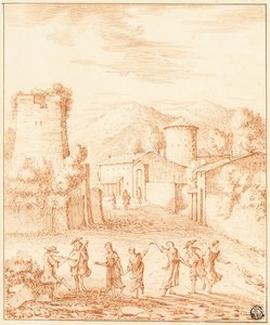 Dancers and Musicians Before Village with Ruined Tower