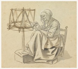 An Old Woman Spinning by Claude Louis Desrais