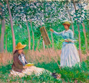 In the Woods at Giverny: Blanche Hoschedé at Her Easel with Suzanne Hoschedé Reading by Claude Monet