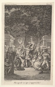 A young boy holds a torch under trees in a garden, at center a man raises both arms