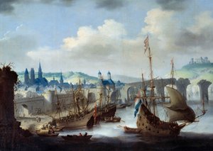 View of the City of Rouen. The Ships are Moored on the Banks of the Seine. Painting by Claude de Jongh by Claude de Jongh