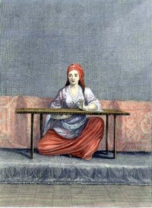 Turkish Woman Embroidering, engraved by C. du Bose, early 18th century