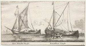 Various Ships and Views of Amsterdam, Part II: A Frisian Bilander. A Geldersche Bilander by Clement de Jonghe
