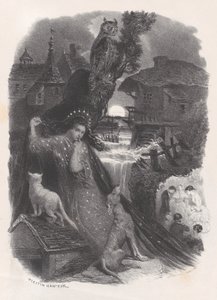 Night, vignette of girl in 18th century costume picking roses, ca. 1830-65 by Célestin Nanteuil