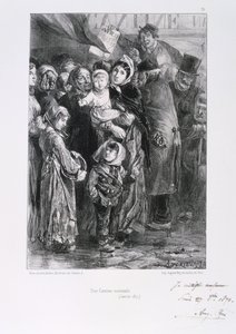 Franco-Prussian War 1870-1871. Siege of Paris 19 Sept 1870-28 Jan 1871. A national soup kitchen in Paris, January 1871. From a series of lithographs by Clement August Andrieux on the Gardes Nationales. Food Shortage Hunger by Clément Auguste Andrieux