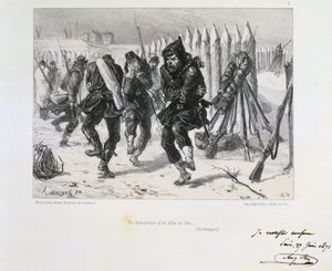 Franco-Prussian War 1870-1871. Siege of Paris 19 Sept 1870-28 Jan 1871. Soldiers on the ramparts jumping about to keep warm. From a series of lithographs by Clement August Andrieux