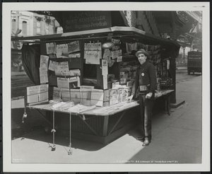 Blind news dealer, P.J. McNulty at his stand at the north east corner of 3rd Avenue & 42nd Street by Company Byron