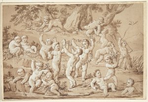 A Large Group of Putti Playing Contentedly by a Stream by Conrad Martin Metz