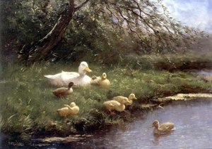 A family of ducks by a river