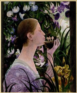 The Nest. Young Woman in Profile, in a Flower Garden, Holding a Nest and Kissing Baby Birds