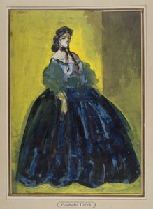 Study of a Woman in Full Length, Blue Dress on Yellow and Green Background, circa 1865
