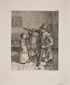 A hunter showing a little girl his catch by Constantin Hansen