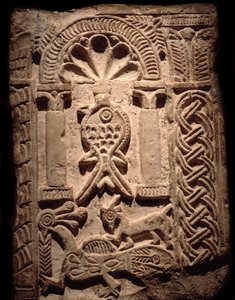 Wall fragment of high reliefs with fish (Christian symbol), 6th or 7th century, Luxor, Egyptian Art Museum by Coptic Coptic