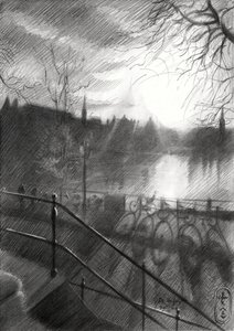 Sunlit City Canal Sketch by Corné Akkers