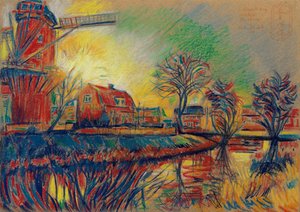 Vibrant Windmill Village Scene by Corné Akkers