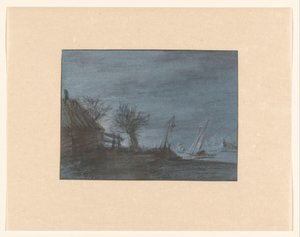 Farmhouse with Pollard Willow and Sailing Ships on Open Water by Cornelia Alida Westerhof
