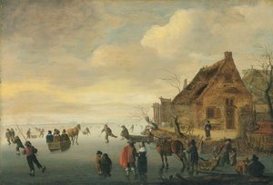 A Winter Landscape with Horse-Drawn Sledges and Figures Skating on a Frozen Lake by a Rural Village