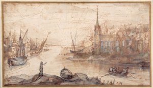 A harbour scene with shipping and a church at sundown