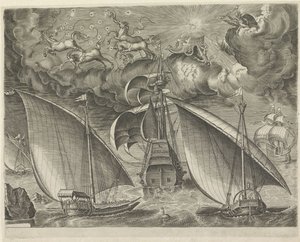 Two Galleys Behind a Three-Master, in the Sky the Fall of Phaethon (series title: Sailing Ships)