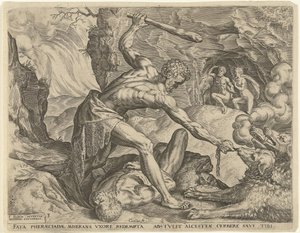 Hercules Dragging Cerberus from Hell, Works of Hercules (series title) by Cornelis Cort