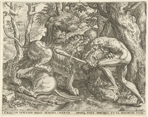 Hercules Strangles the Nemean Lion (Works of Hercules) by Cornelis Cort