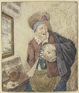 Ragged Peasant by a Window, Holding a Jug by Cornelis Dusart