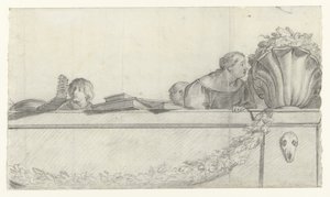 People on a balustrade with festoons (series title: Designs for wall paintings in Honselaersdijk Castle) by Cornelis Holsteyn