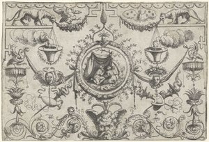 Ornament with Three Figures Kneeling Under a Cloth by Cornelis Massijs (attributed to)