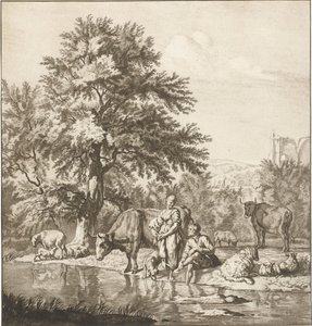 Shepherd and Shepherdess with Flock by a River (series title: Printwork) by Cornelis Ploos van Amstel